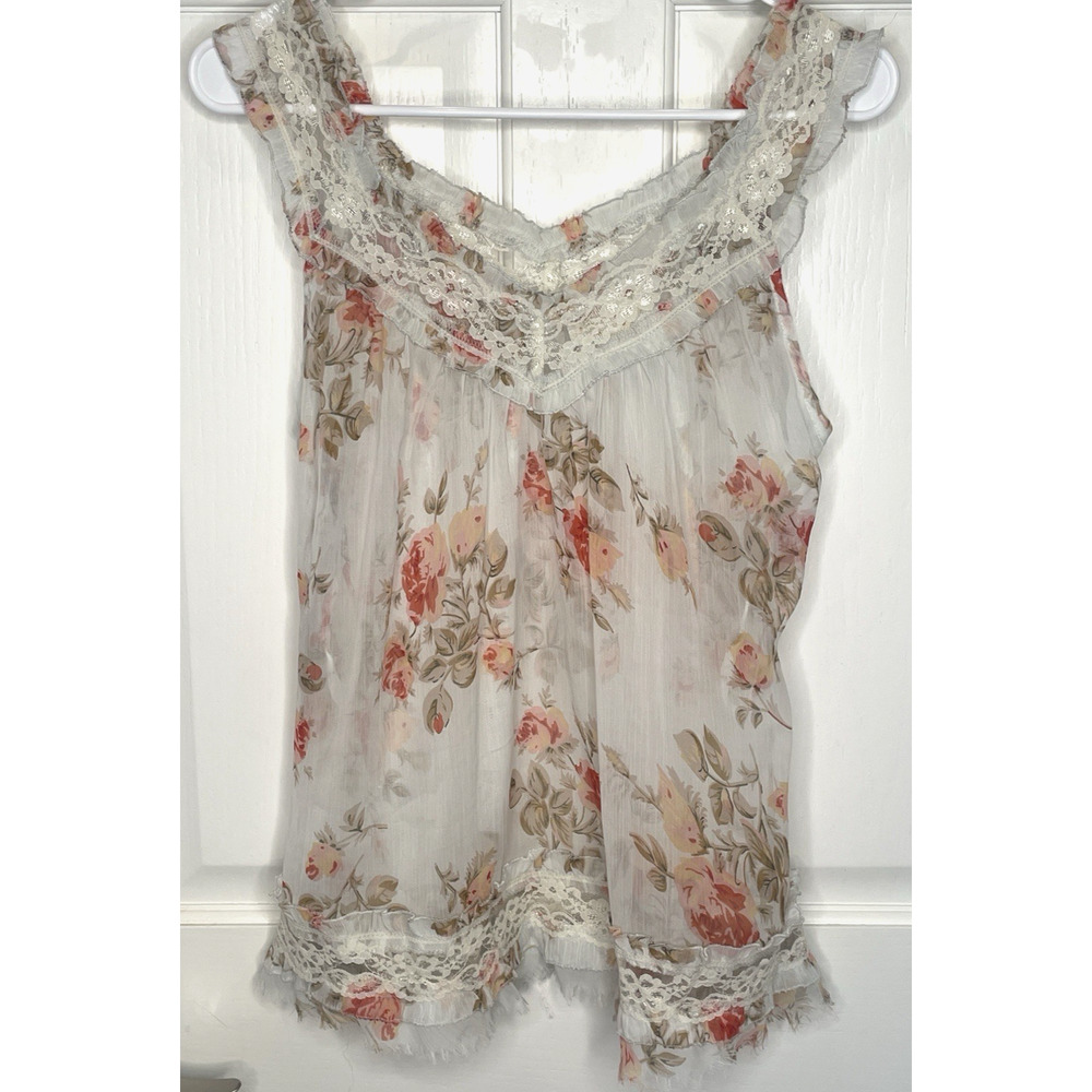 Vintage Y2K Women Floral Chiffon Babydoll Tank Sz L Ruffle Lace Fairy Boho Girly